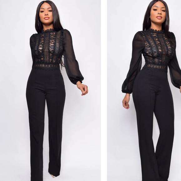 Nerine Crochet Lace Mesh Jumpsuit - Black - Picture 1 of 2